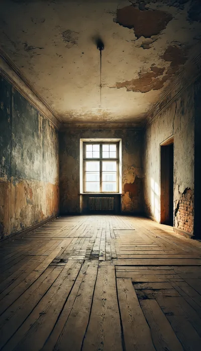 Empty Dilapidated Room With Peeling Walls And Wooden Floor