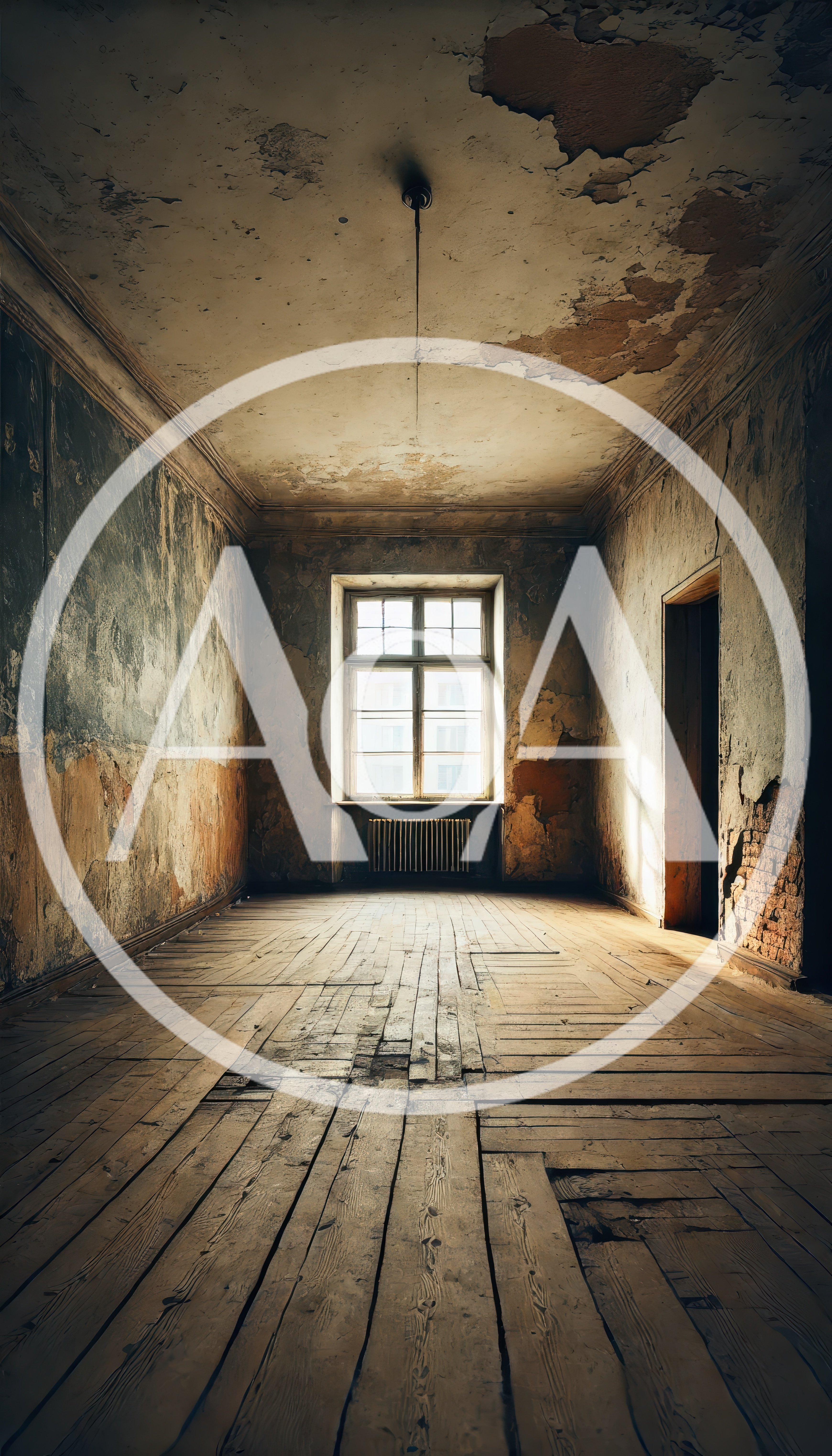 Empty Dilapidated Room With Peeling Walls And Wooden Floor