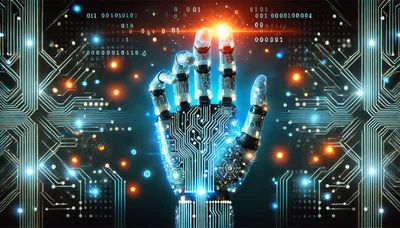 Futuristic Robotic Hand Interacting With Digital Data Interface