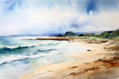 Watercolor Painting Of A Scenic Coastal Beach Landscape