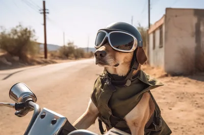 Dog Wearing Helmet And Goggles Riding A Motorcycle