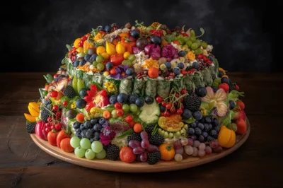 Elaborate Fruit And Vegetable Centerpiece On Wooden Platter