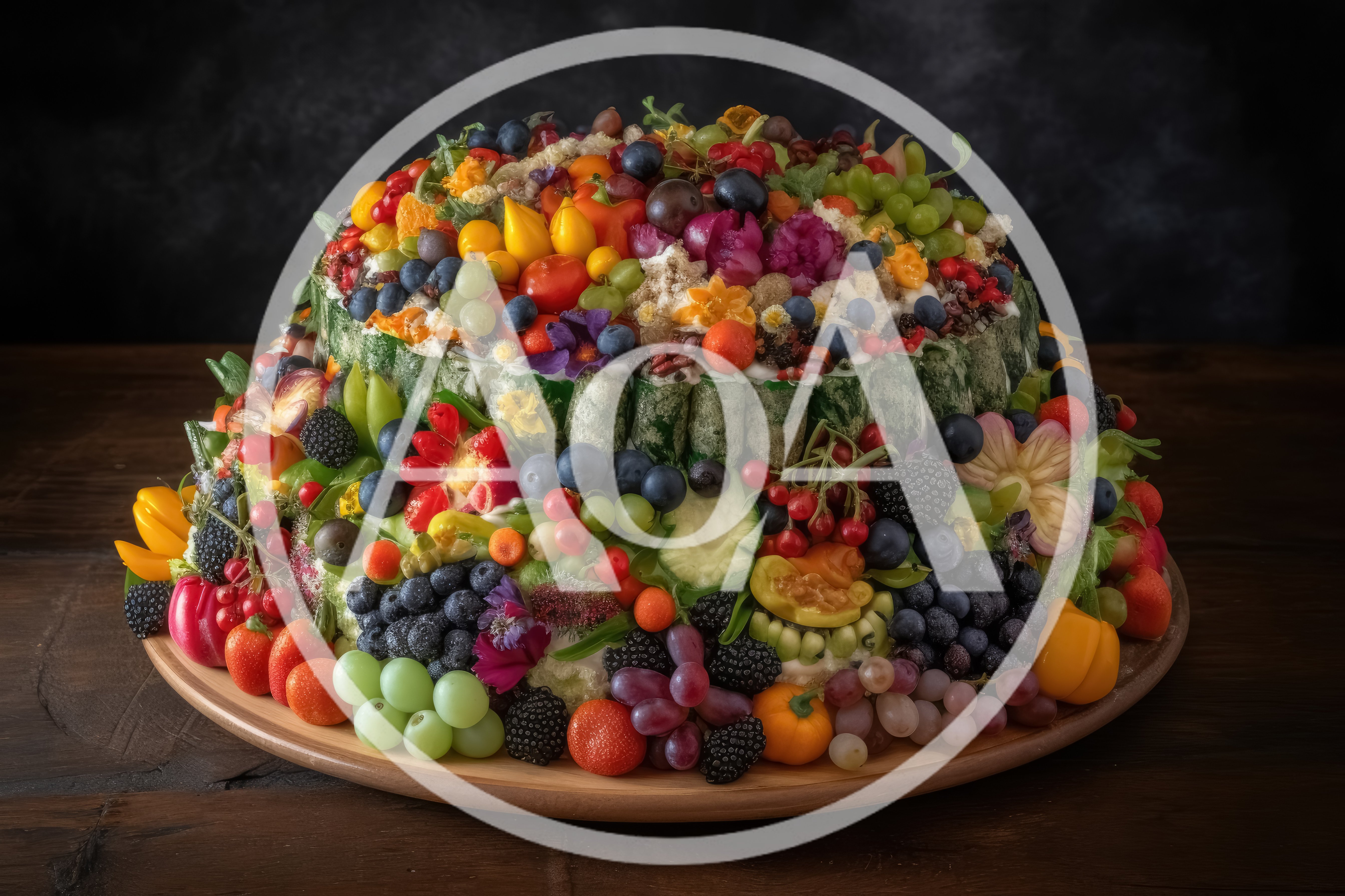 Elaborate Fruit And Vegetable Centerpiece On Wooden Platter
