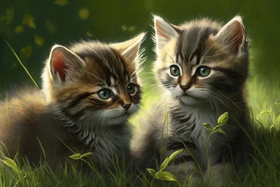 Two Adorable Tabby Kittens Sitting In Green Grass