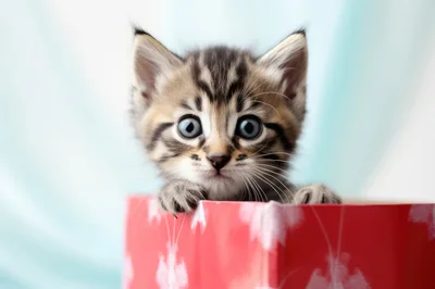 Adorable Tabby Kitten Peeking Out Of A Red Gift Box