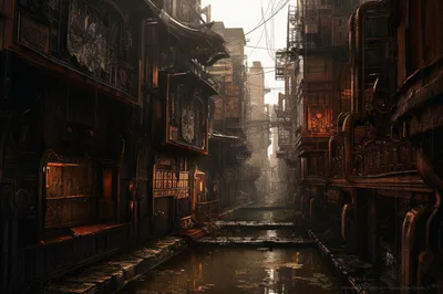 Dystopian Industrial Alleyway With Reflective Water
