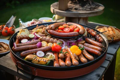 Assorted Sausages and Vegetables Grilling on Outdoor Barbecue