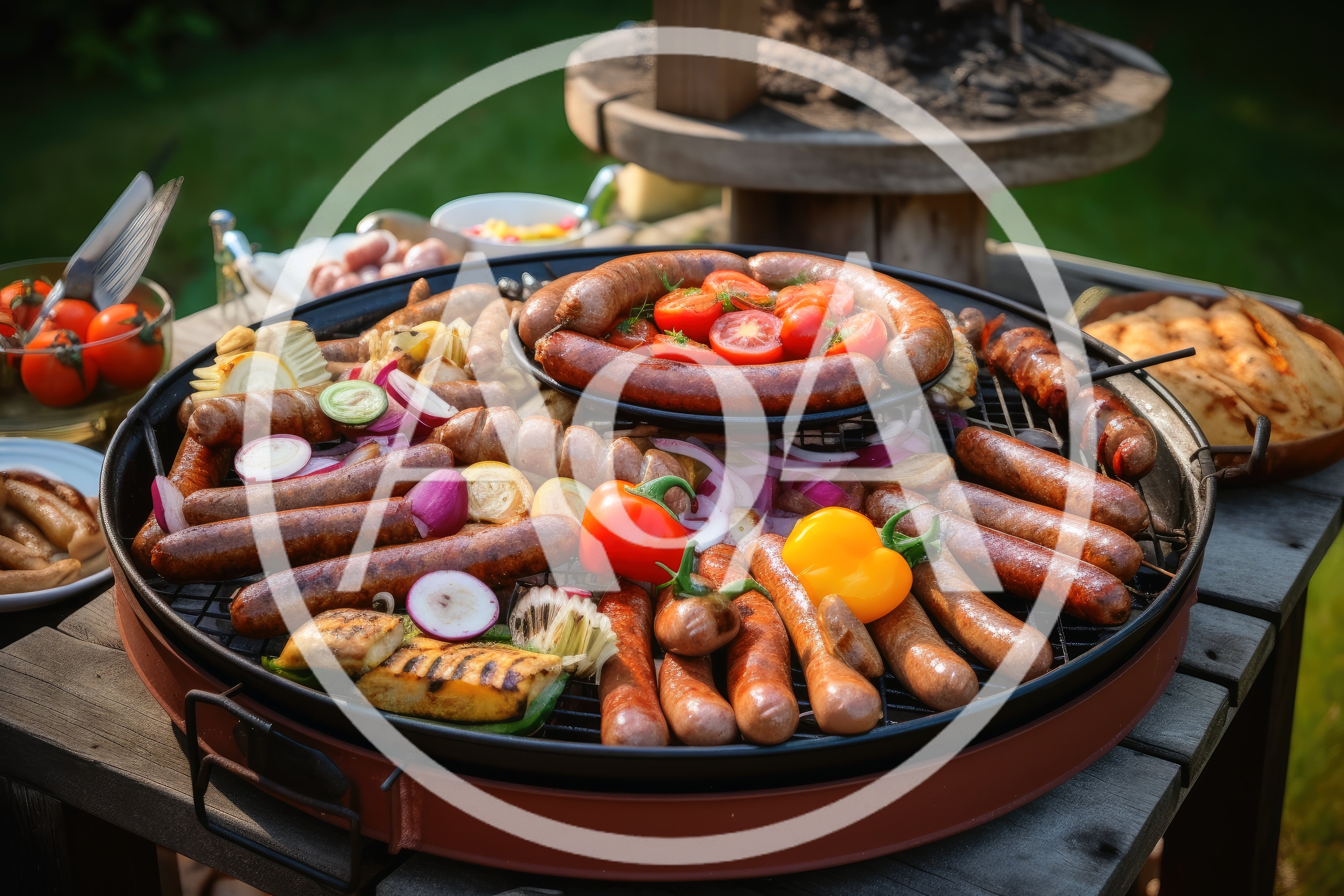 Assorted Sausages and Vegetables Grilling on Outdoor Barbecue