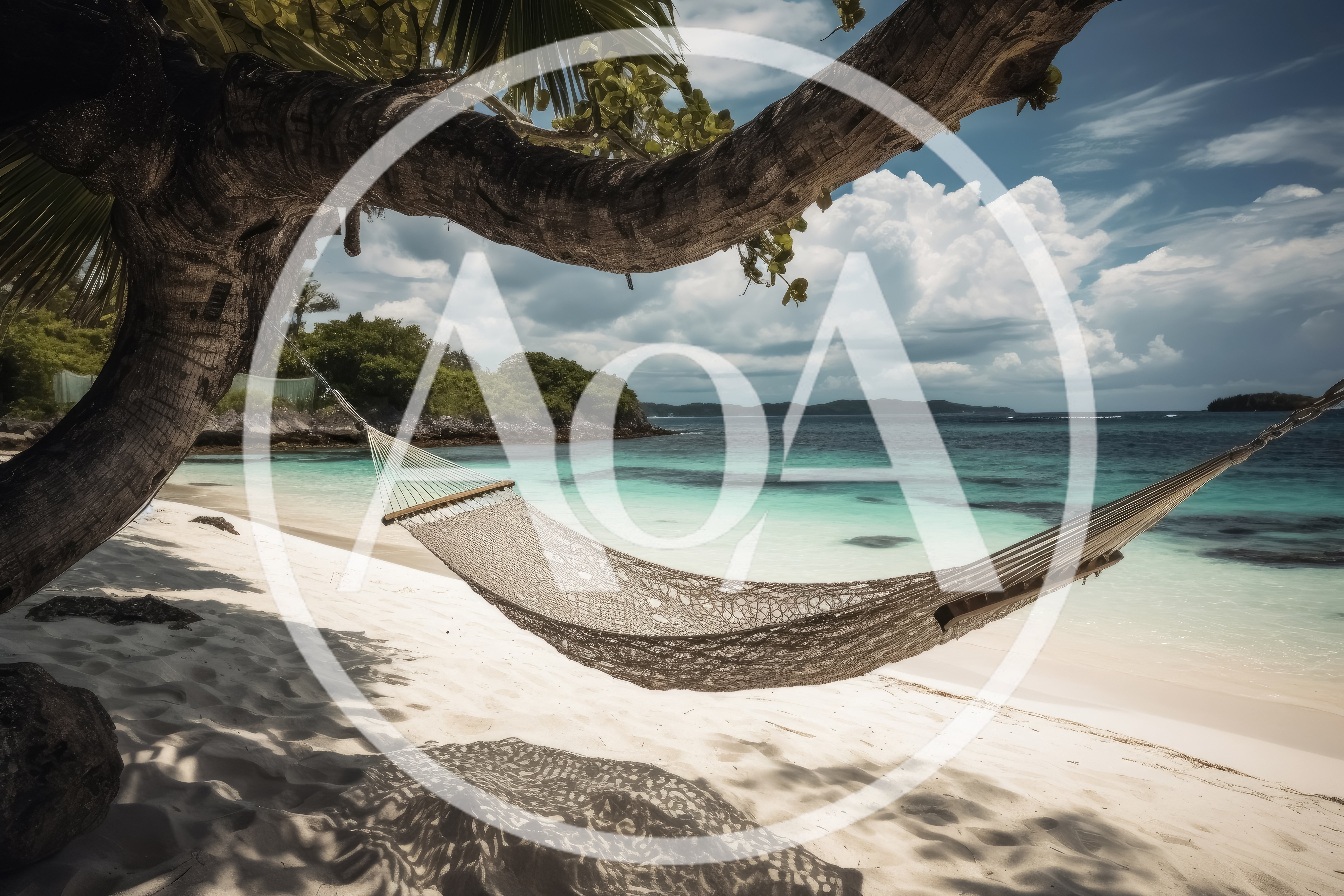 Empty Hammock Hanging Between Tropical Trees On Sandy Beach