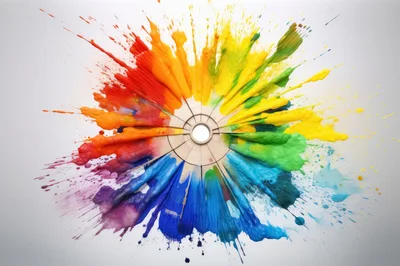 Vibrant Rainbow Paint Splatter On Circular Wooden Palette