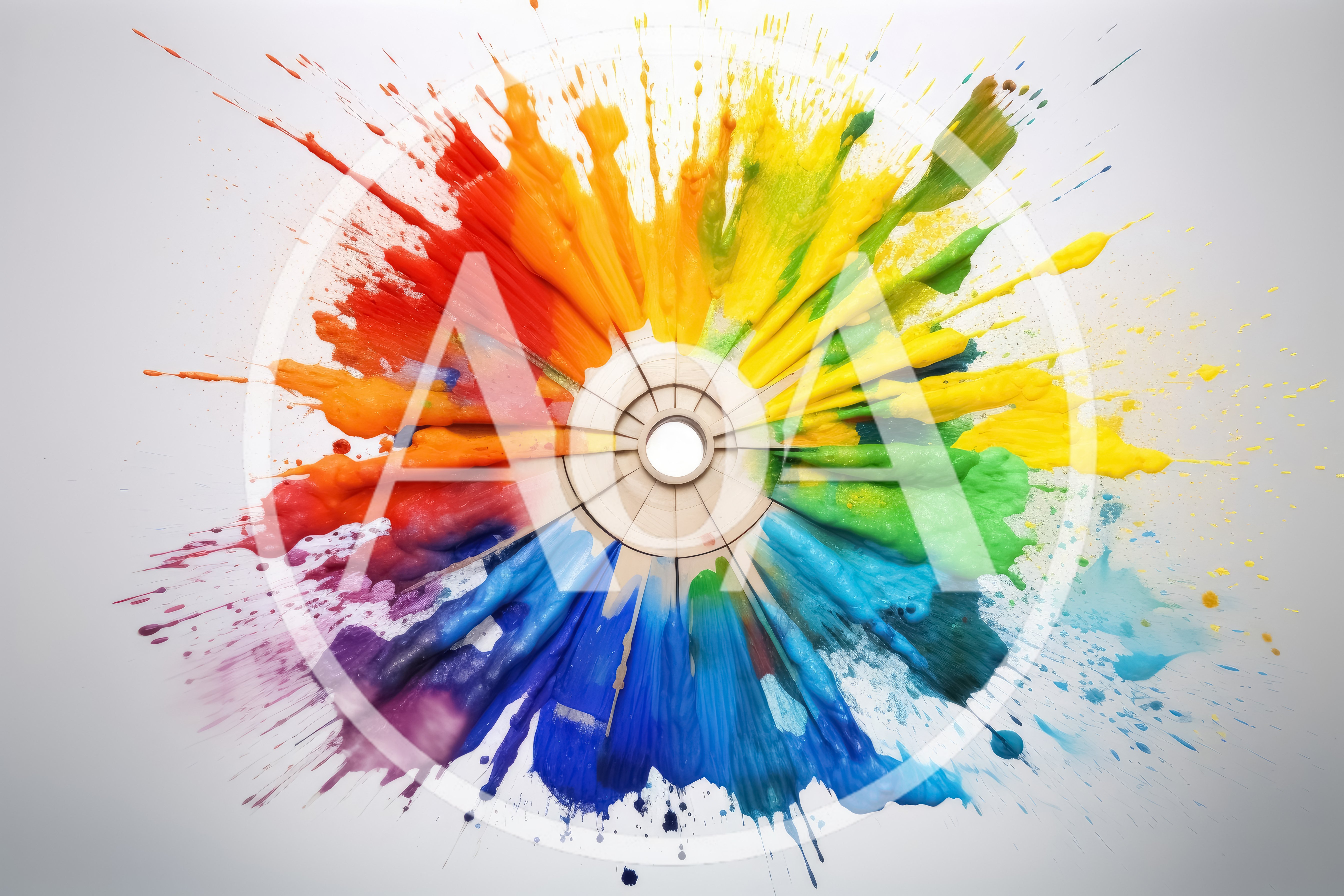 Vibrant Rainbow Paint Splatter On Circular Wooden Palette