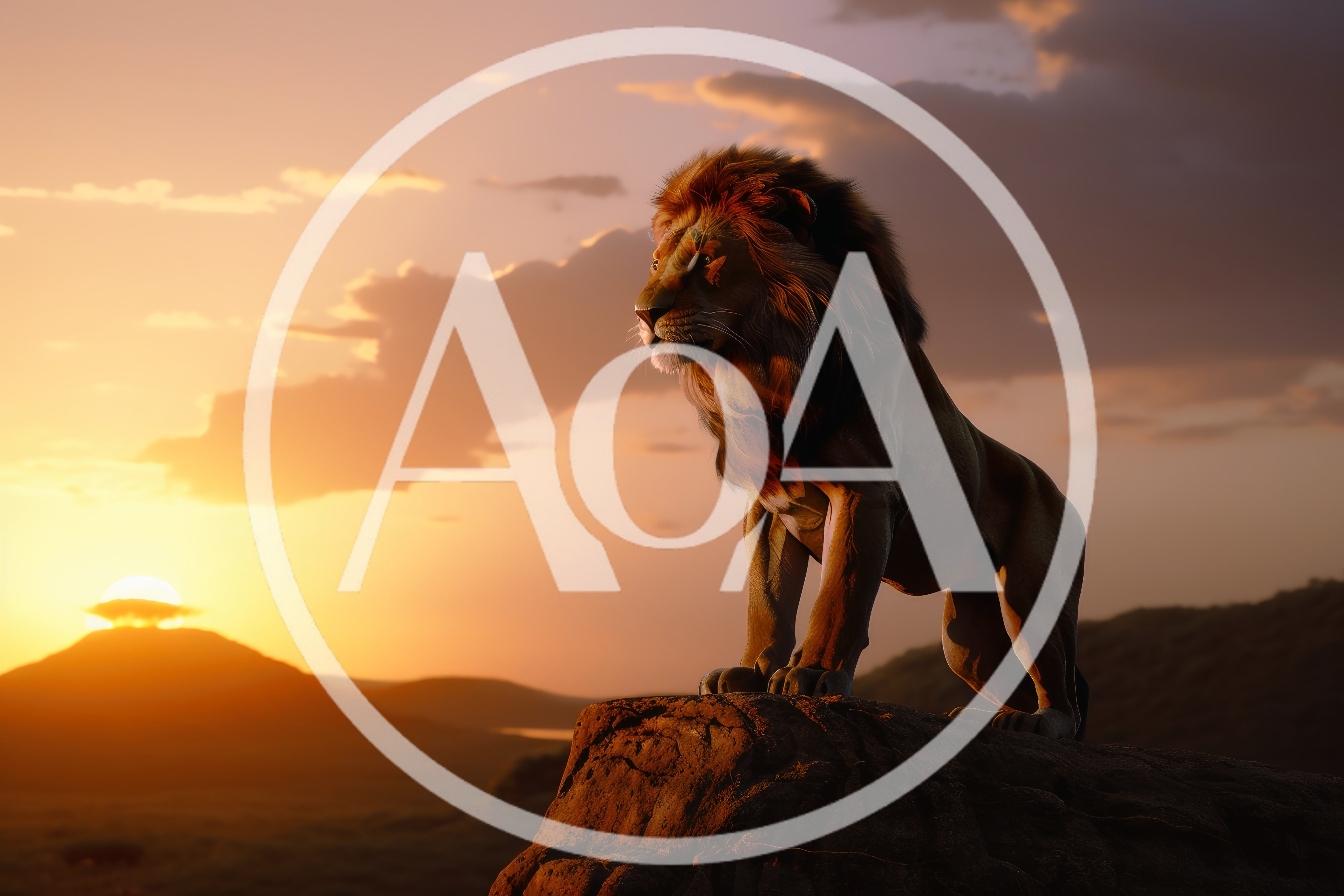 Majestic Male Lion Standing On Rock At Sunset