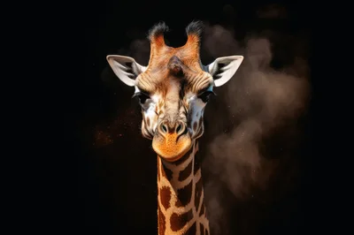 Close Up Portrait Of A Giraffe Against Black Background