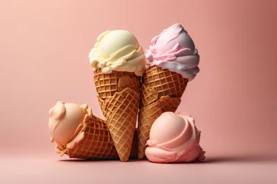Four Scoops Of Ice Cream In Waffle Cones