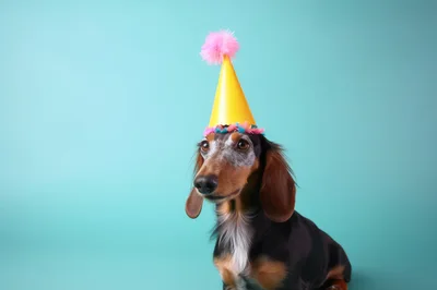 Dachshund Dog Wearing A Yellow Party Hat