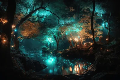 Enchanted Forest Stream With Glowing Bioluminescent Lights