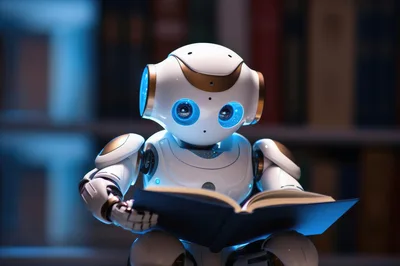 Small White Robot Reading A Book In Library