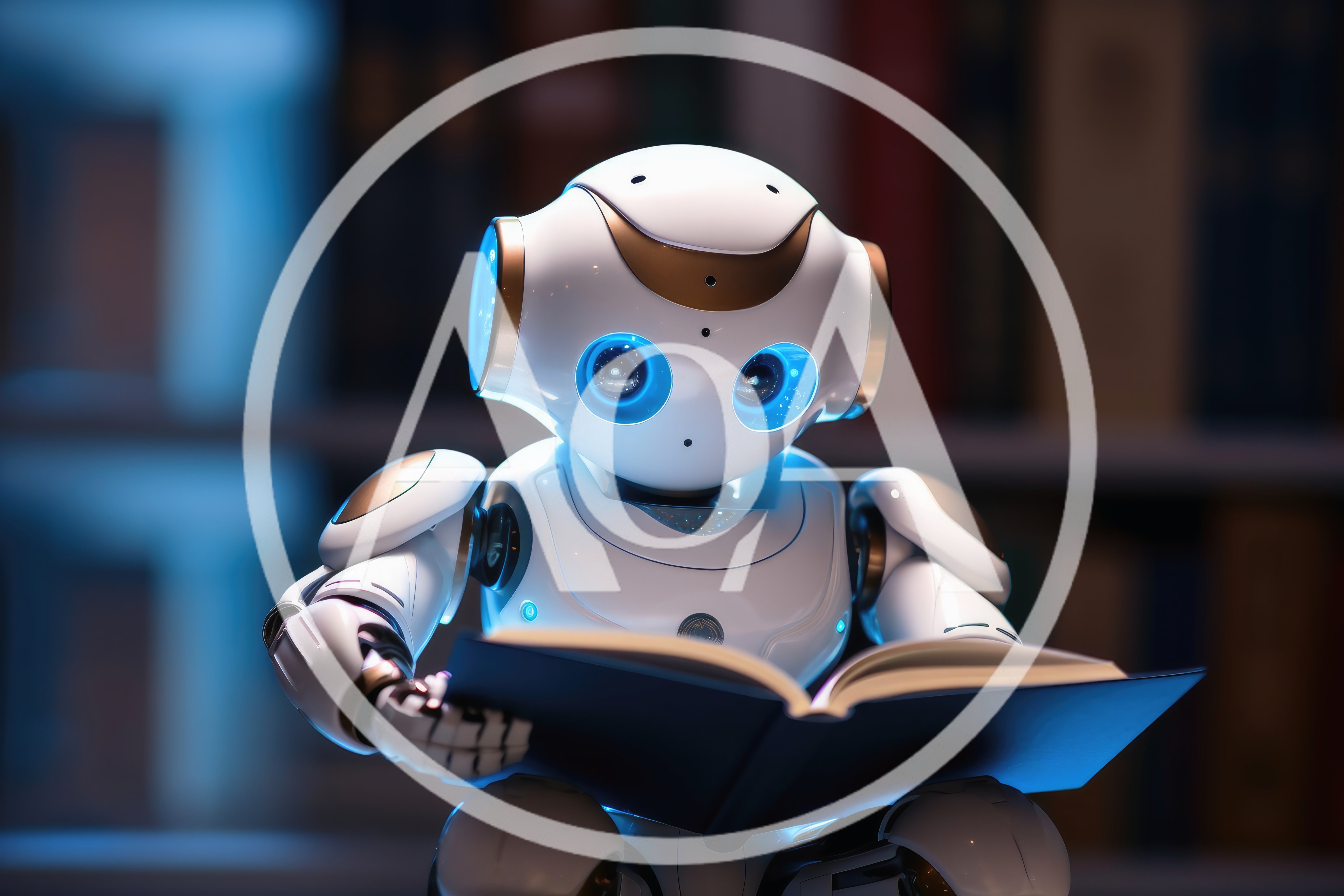 Small White Robot Reading A Book In Library