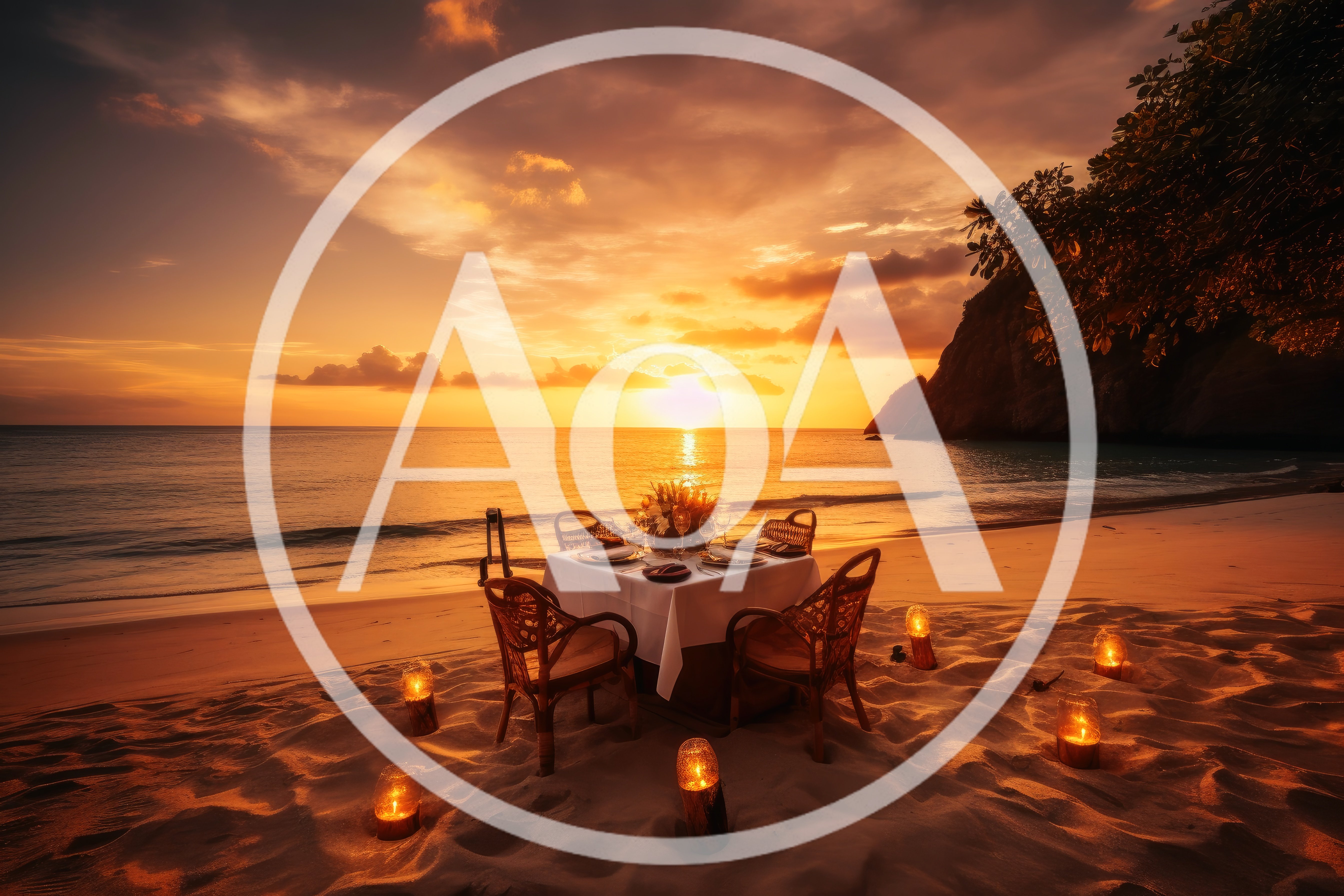Romantic Beachside Dinner Table Setup At Sunset