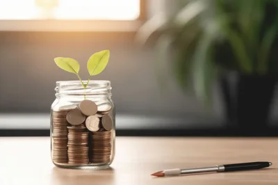 Small Plant Growing From A Glass Jar Of Coins