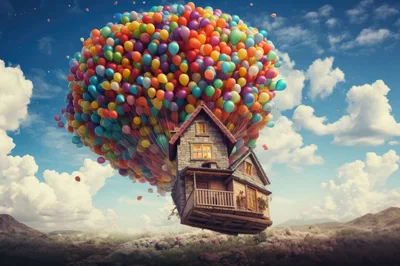 Floating House Lifted By Colorful Balloons