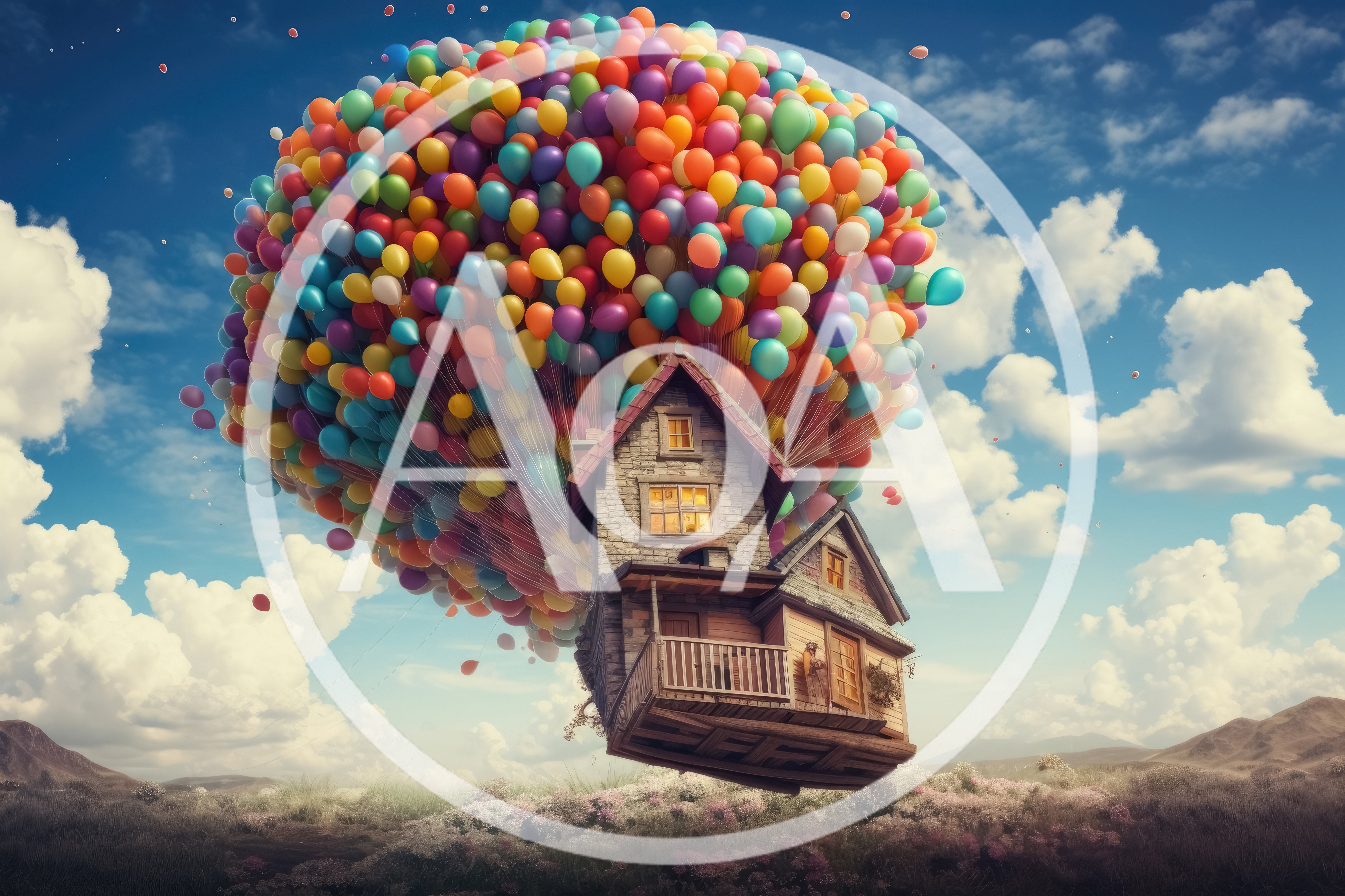 Floating House Lifted By Colorful Balloons