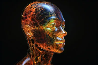 Digital Human Head With Glowing Neural Network Connections