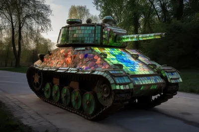 Stained Glass Mosaic Tank Sculpture In A Park