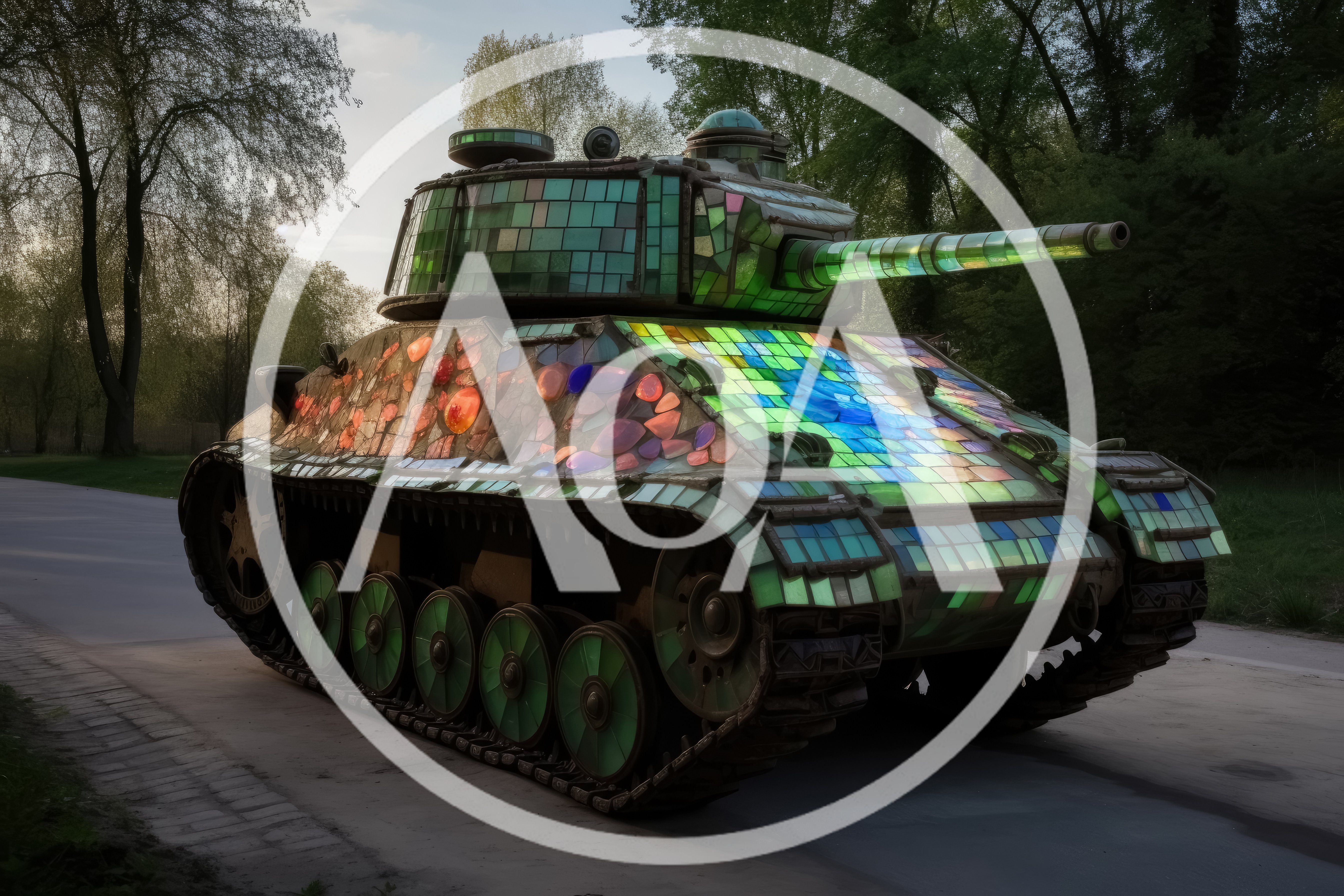 Stained Glass Mosaic Tank Sculpture In A Park