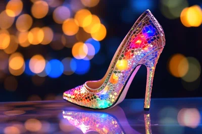 Sparkling High Heel Shoe With Colorful Bokeh Background