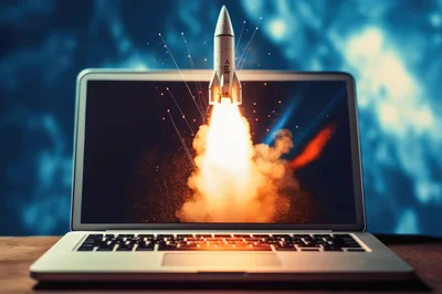 Rocket Launching From Laptop Screen Concept