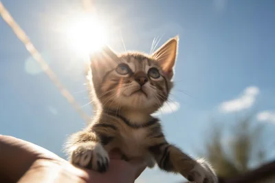 Small Tabby Kitten Held Up Against Bright Sunny Sky