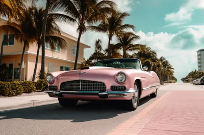 Vintage Pink Convertible Car Parked On Sunny Street