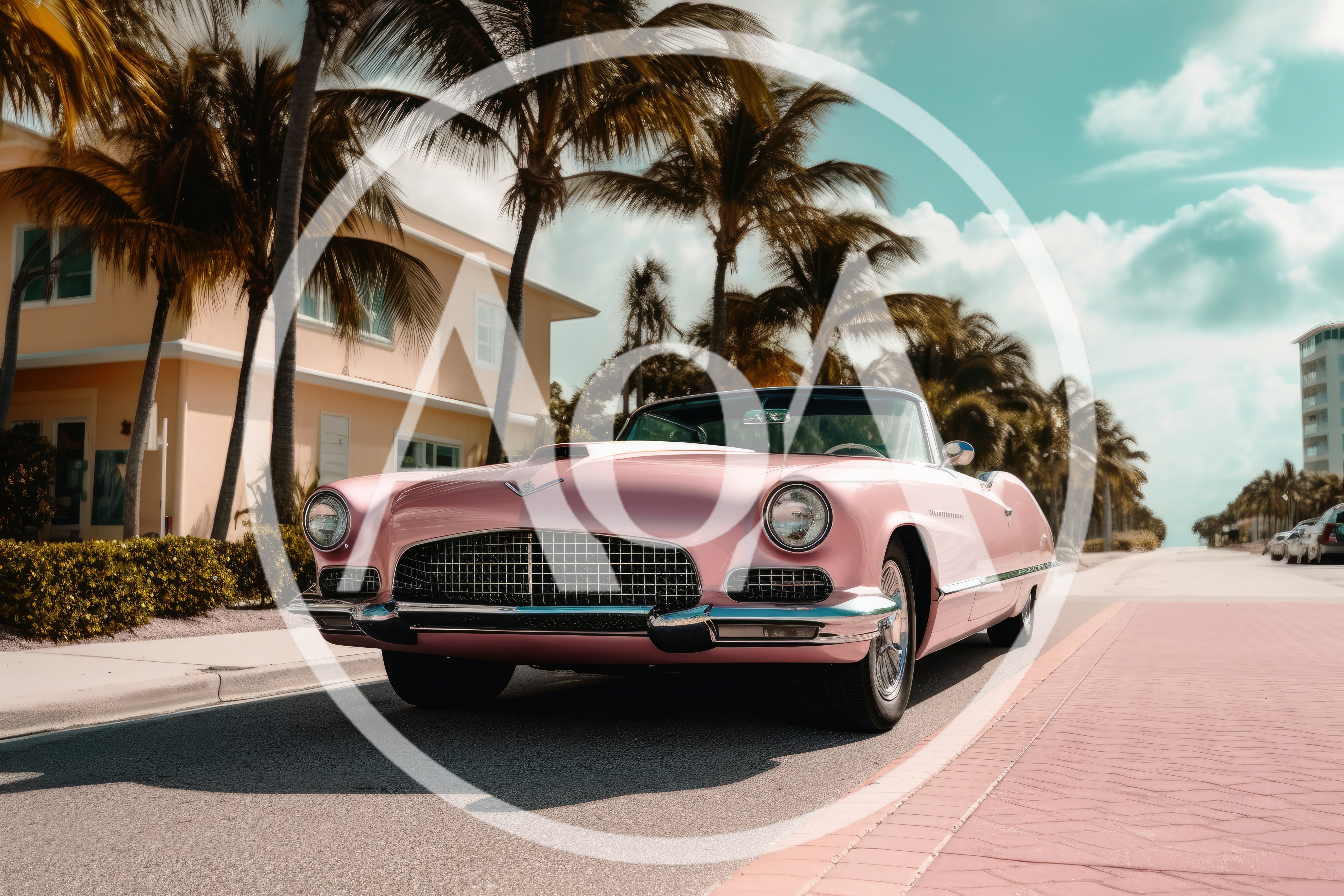 Vintage Pink Convertible Car Parked On Sunny Street