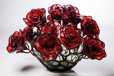 Glass Sculpture Of Red Roses In A Decorative Bowl
