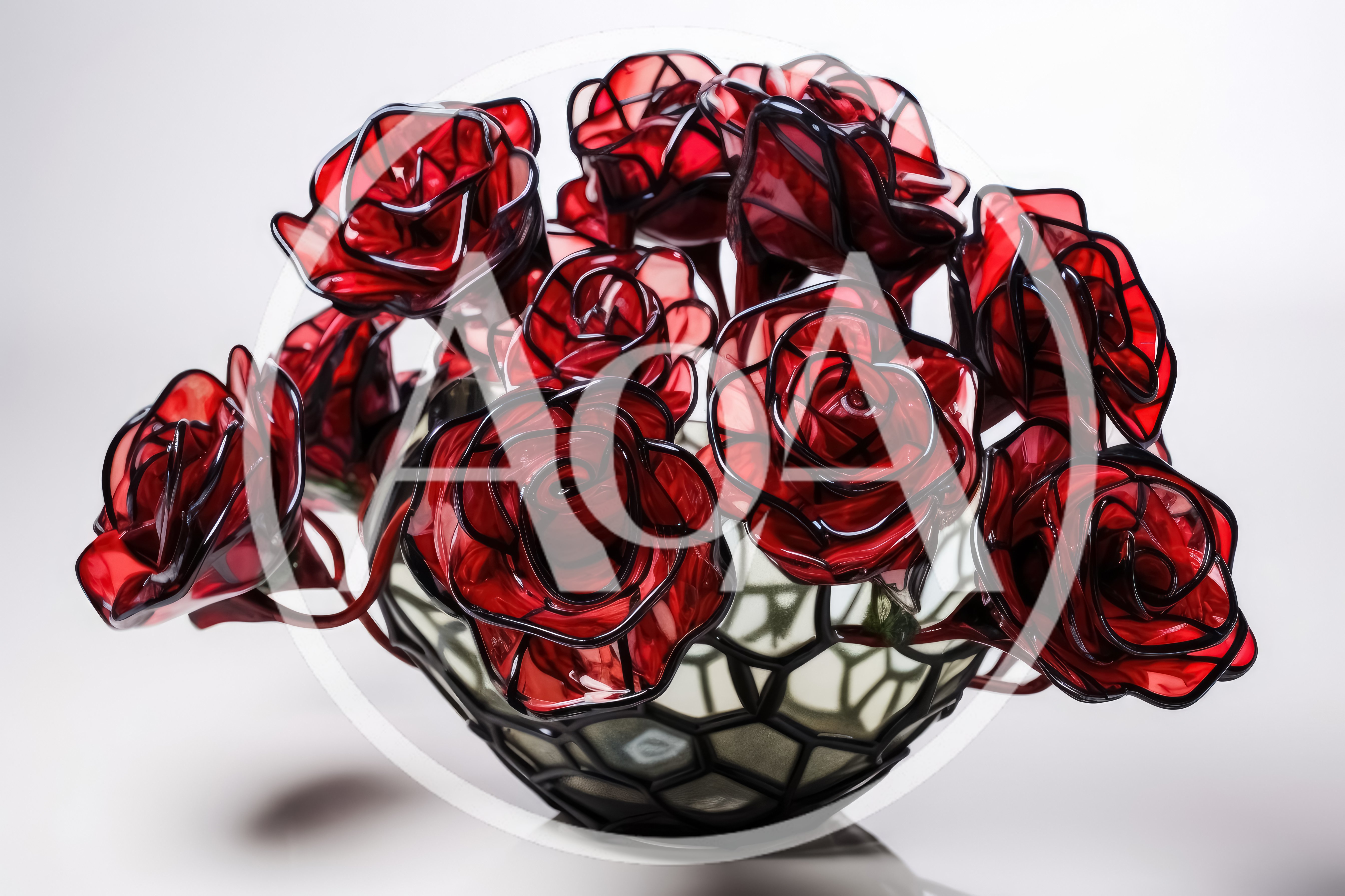 Glass Sculpture Of Red Roses In A Decorative Bowl