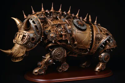 Steampunk Mechanical Rhinoceros Sculpture On Wooden Base