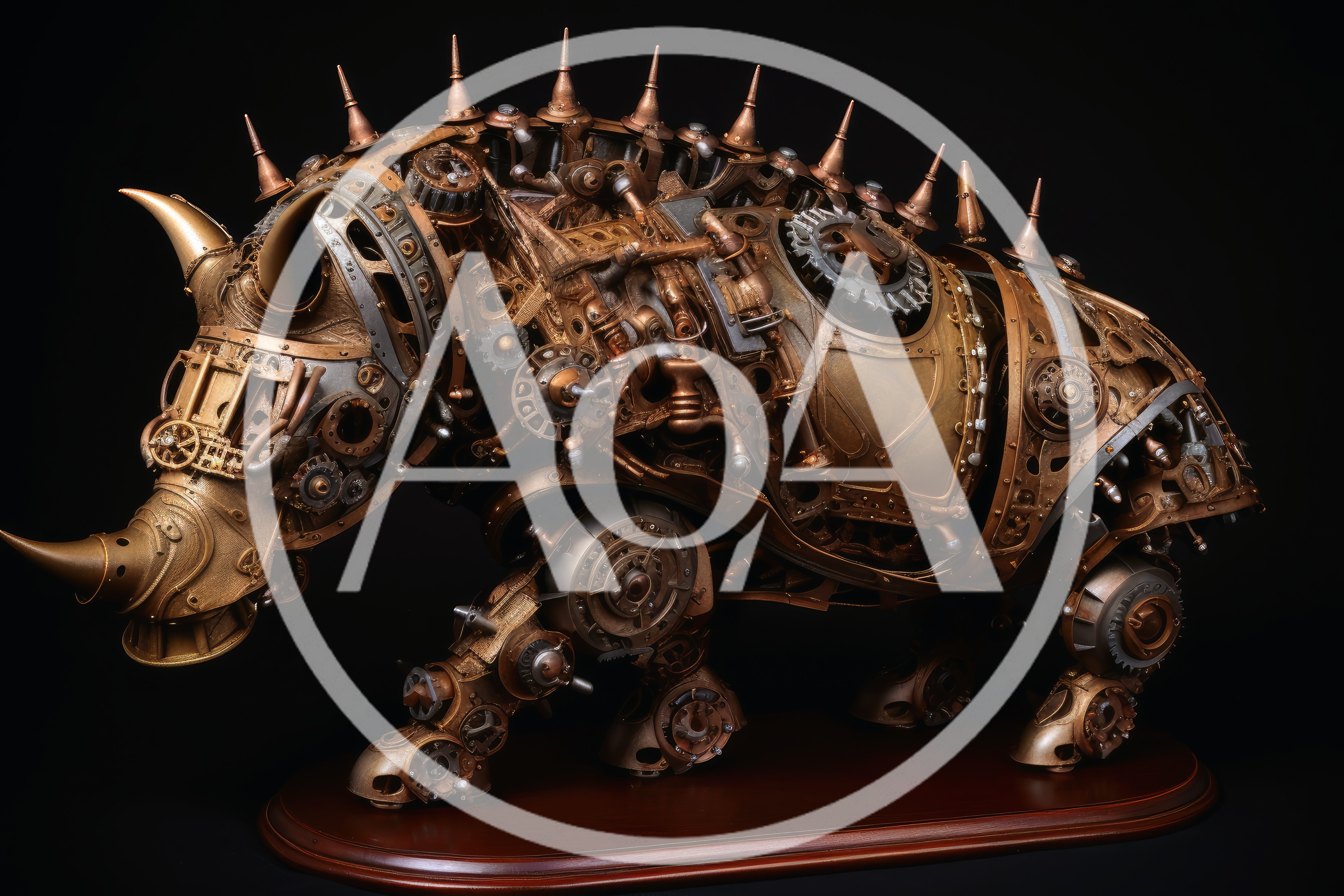 Steampunk Mechanical Rhinoceros Sculpture On Wooden Base