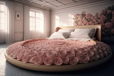 Luxurious Round Bed Decorated With Pink Rose Petals