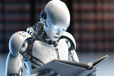 Futuristic Android Robot Reading A Book