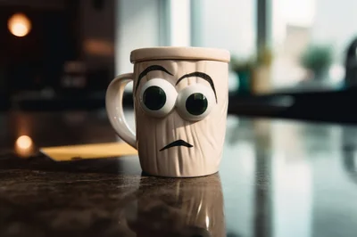 Surprised Face Mug Sitting On A Dark Table