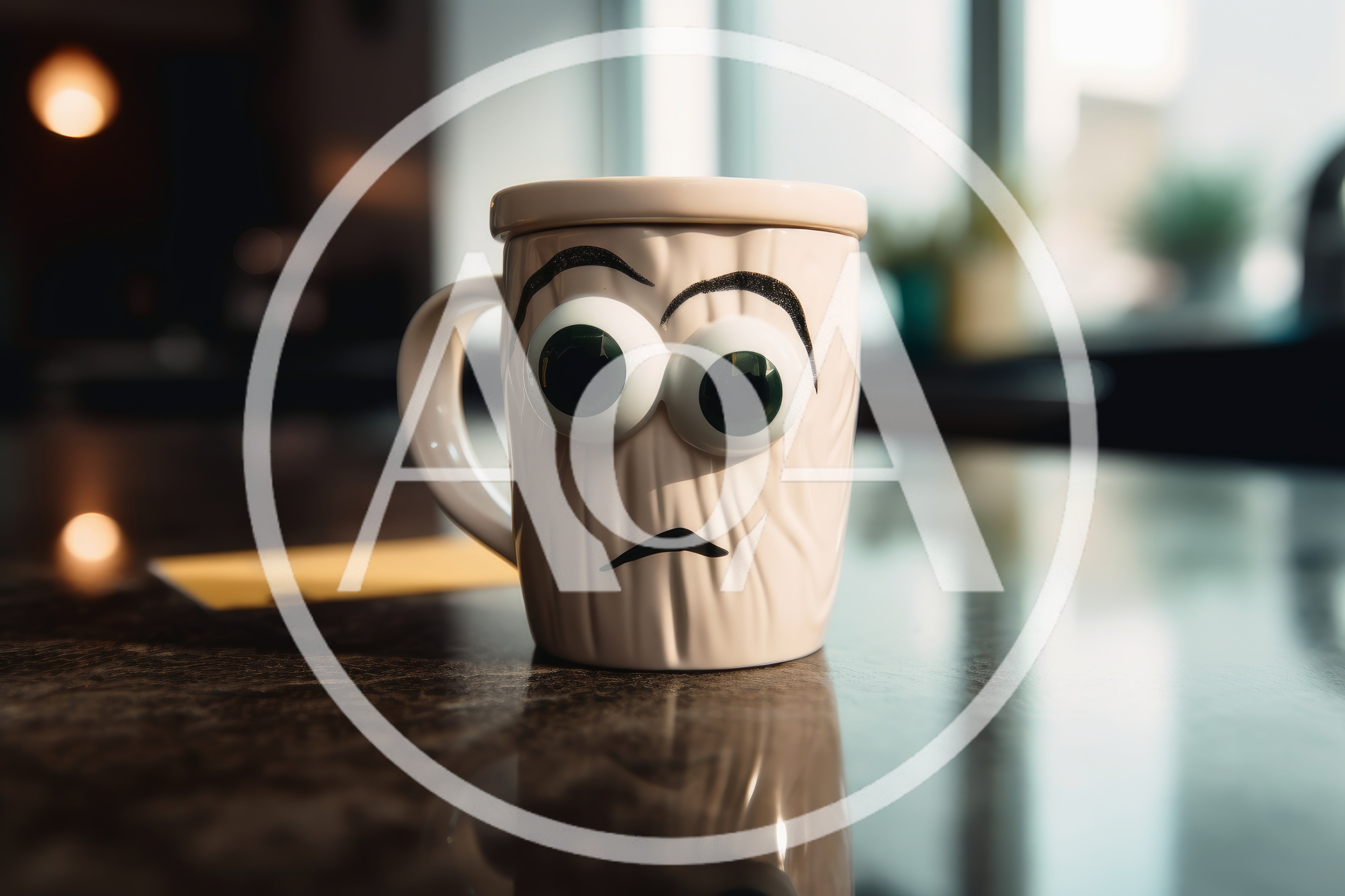 Surprised Face Mug Sitting On A Dark Table