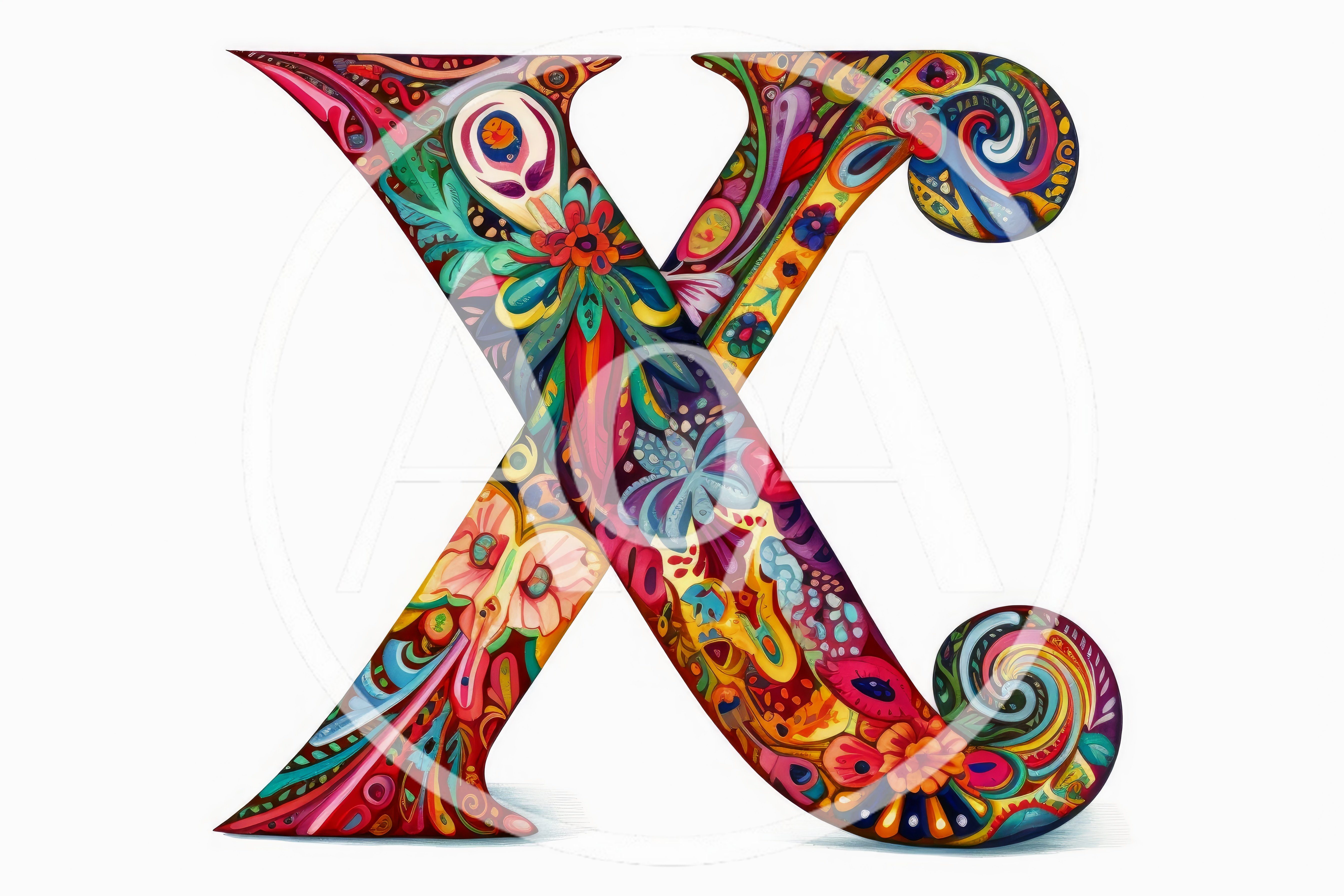Ornate Decorative Letter X With Vibrant Floral Patterns