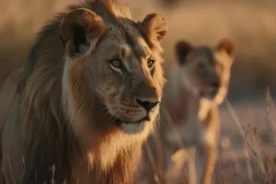 Male Lion And Lioness In Golden Hour Savanna