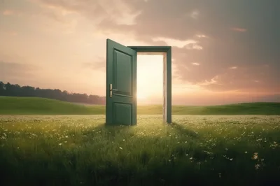 Surreal Open Door Standing In A Grassy Meadow