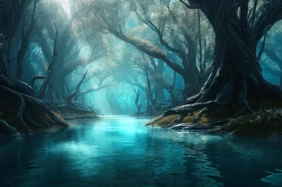 Ethereal Glowing River In A Mystical Dark Forest