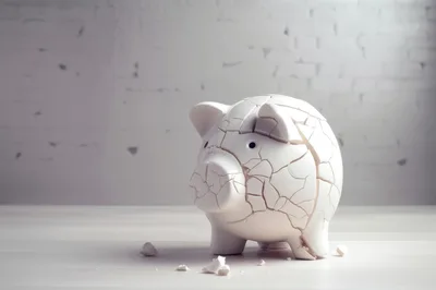 Broken White Ceramic Piggy Bank On Table