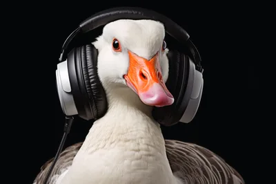 White Goose Wearing Large Professional Studio Headphones