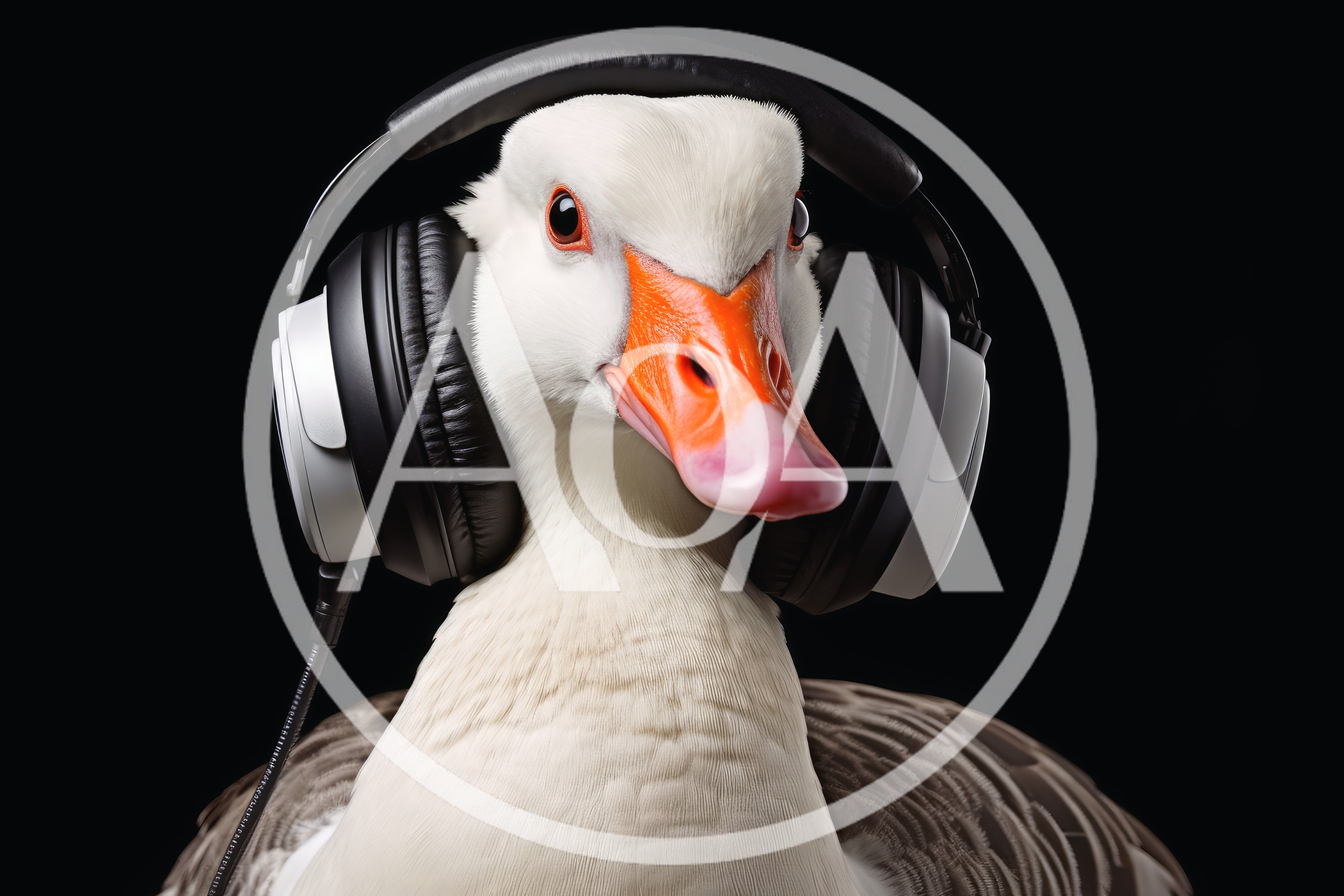 White Goose Wearing Large Professional Studio Headphones