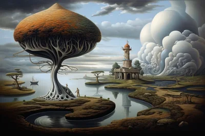 Surreal Landscape With Giant Mushroom Tree And Tower